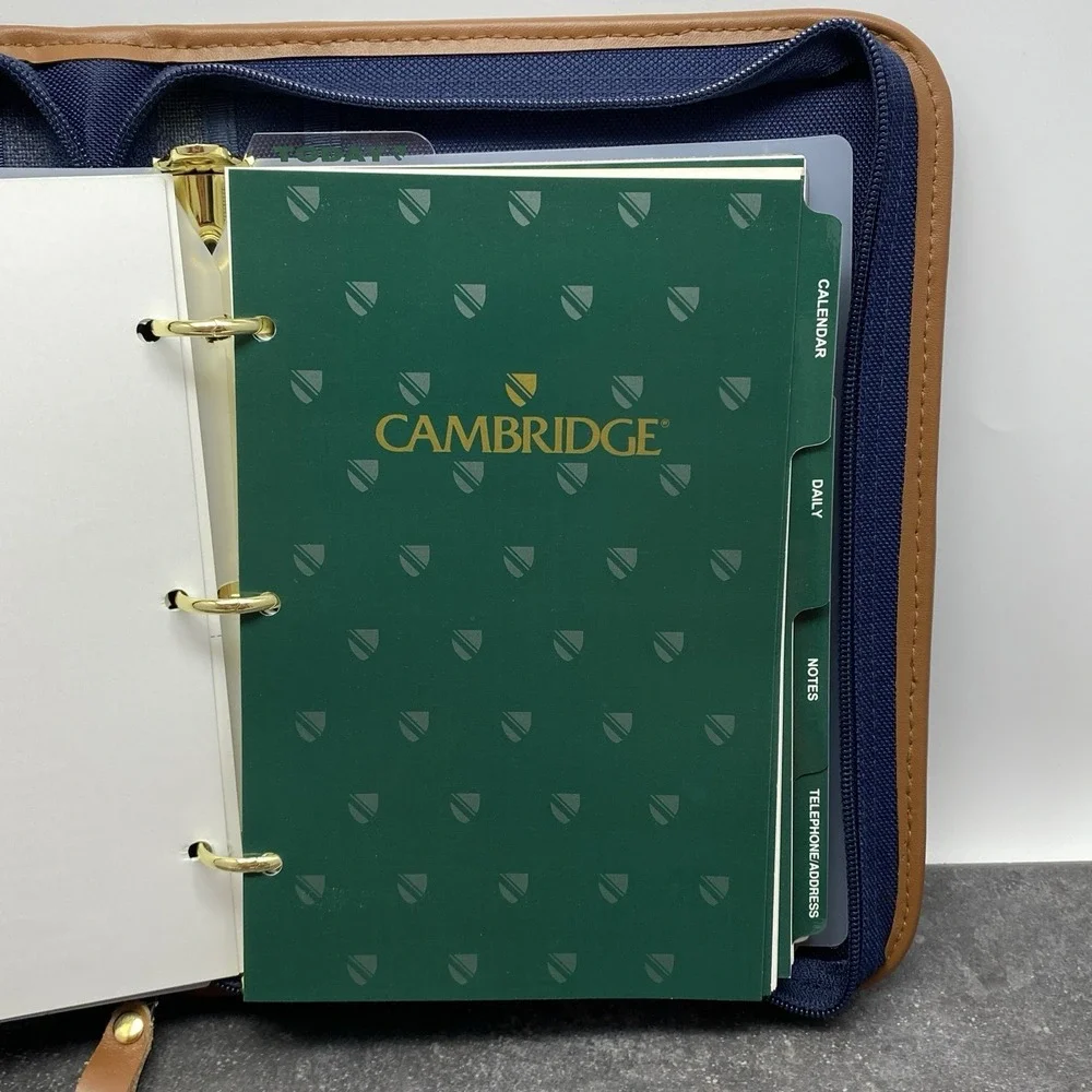 Vintage 90's Cambridge 47062 Blue Canvas Tan Planner Organizer 3 Ring Binder